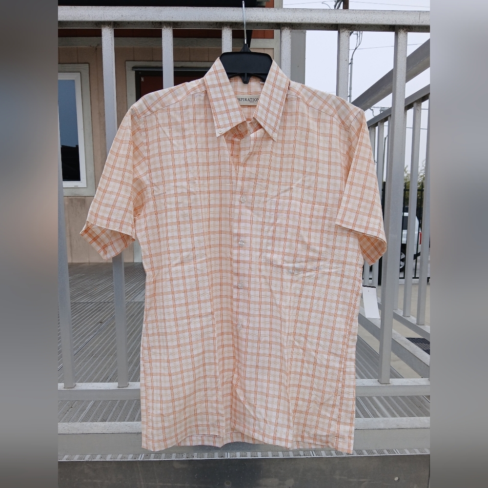 Mens Inspiration Coral/Yellow Checked Button Down Shirt Size 15